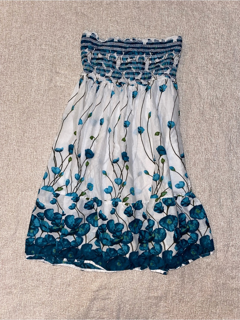 Blue Bamboo Floral Smocked Strapless %100 Cotton Dress Blue, White Size M